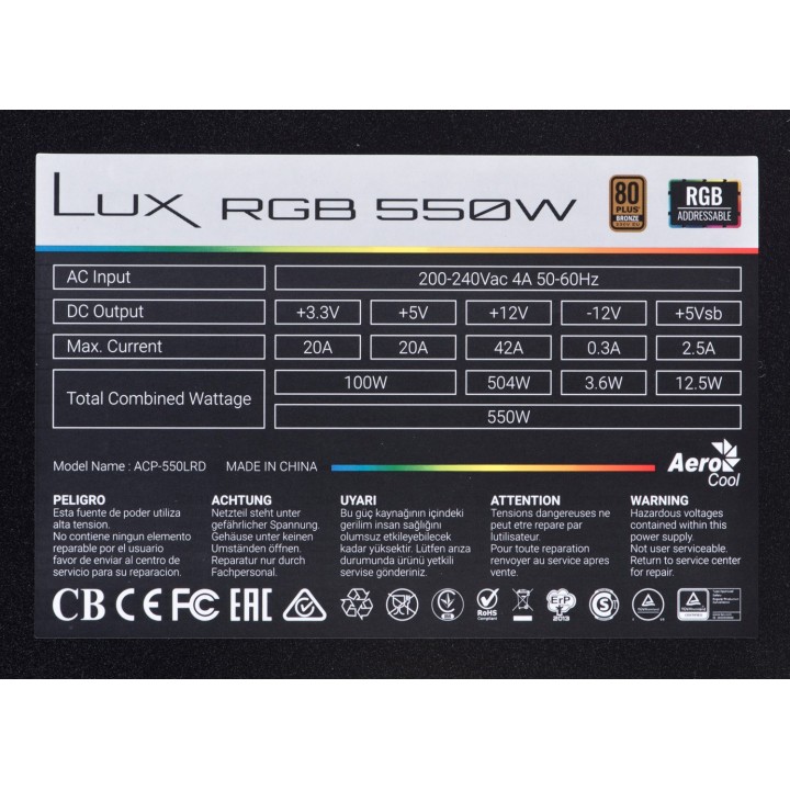 Alimentatore Aerocool Lux RGB 550M 550 W Nero