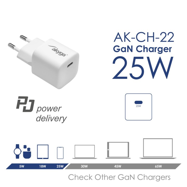 Akyga AK-CH-22 USB-Ladegerät 25 W Corrente di uscita massima 3 A USB-C Tablet universale Telefono Smartwatch Telefono cellulare 