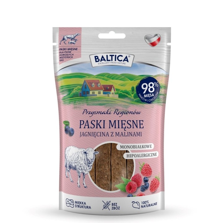 BALTICA Przysmaki Regionów Mono Strisce di Carne Agnello con Lamponi - snack per cani – 90 g