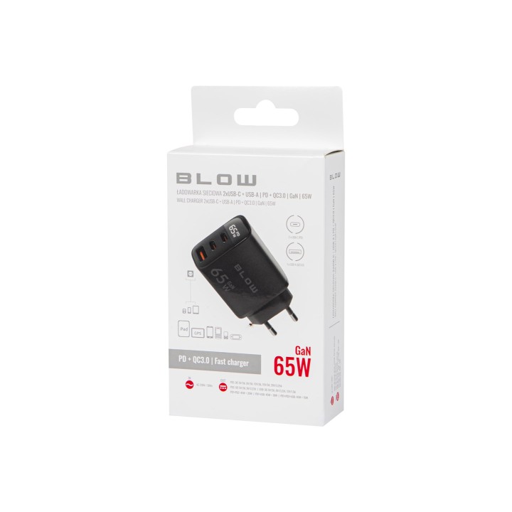 Caricabatterie da parete LCD USB + USB-Cx2 PD 65W GAN wattmetro nero
