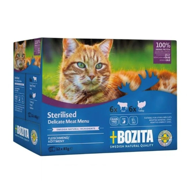 BOZITA Scatola Sterilizzato Menu carne delicata in gelatina – cibo umido per gatti – 12x85g