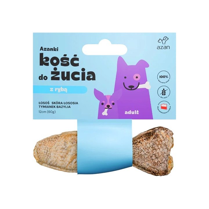 AZANKI Osso con salmone in pelle di salmone con timo e basilico a forma di pesce - snack per cani - 12 cm