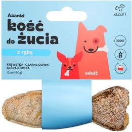 AZANKI Osso con gamberetti e olive nere in pelle di merluzzo a forma di pesce – snack per cani – 12 cm