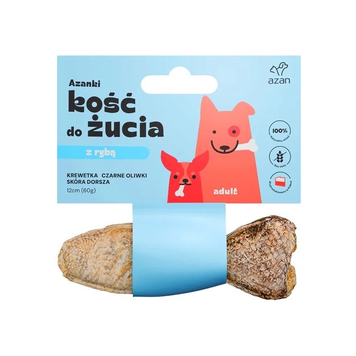 AZANKI Osso con gamberetti e olive nere in pelle di merluzzo a forma di pesce – snack per cani – 12 cm