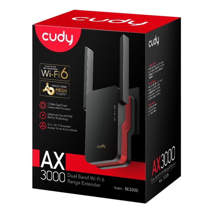 Cudy RE3000 ripetitore di rete Ripetitore di rete Nero Rosso 10 100 1000 Mbit/s