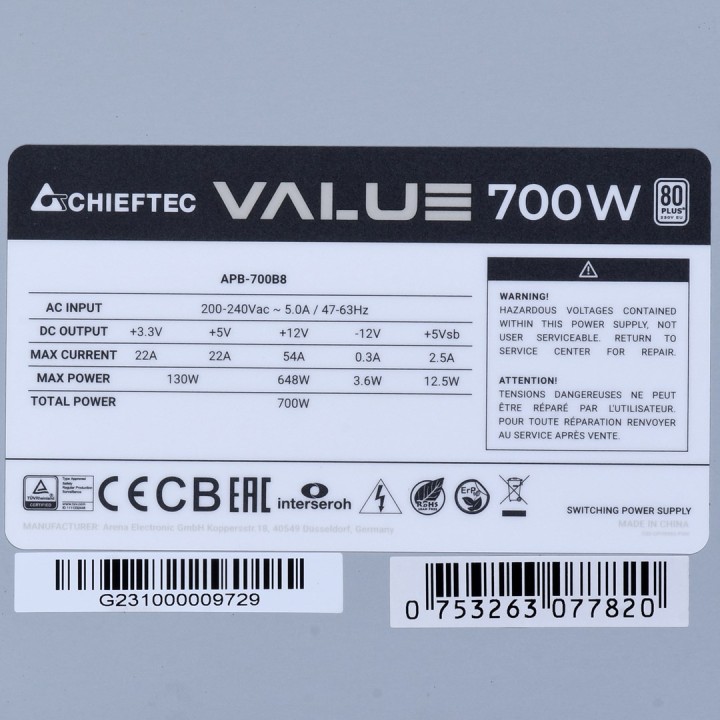 Chieftec Value APB-700B8 Alimentatore 700 W 20+4 pin ATX ATX argento