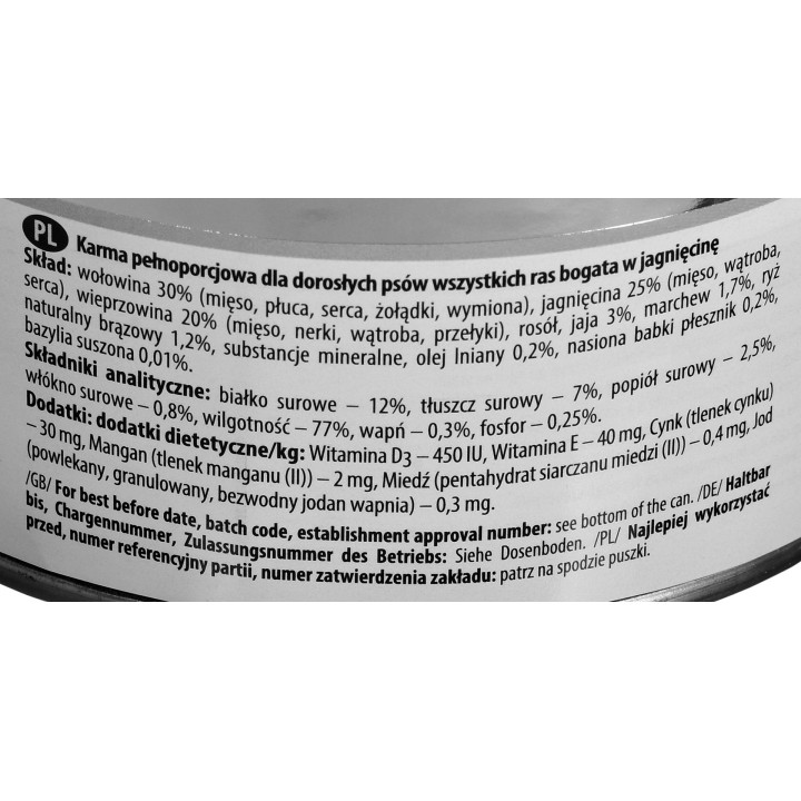 DOLINA NOTECI Premium Ricco di agnello - Cibo umido per cani - 800 g