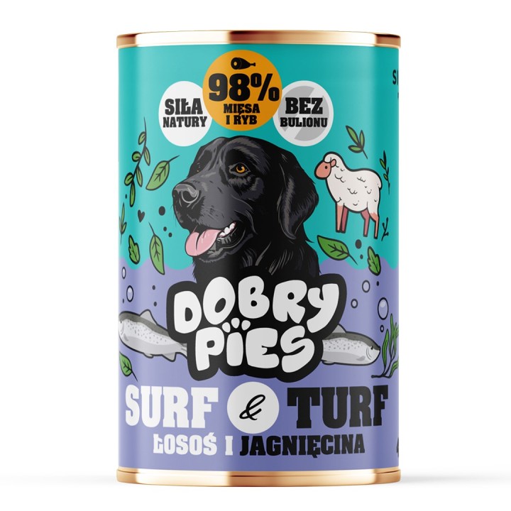 DOBRY PIES Surf & Turf Salmone e agnello - cibo umido per cani - 400g