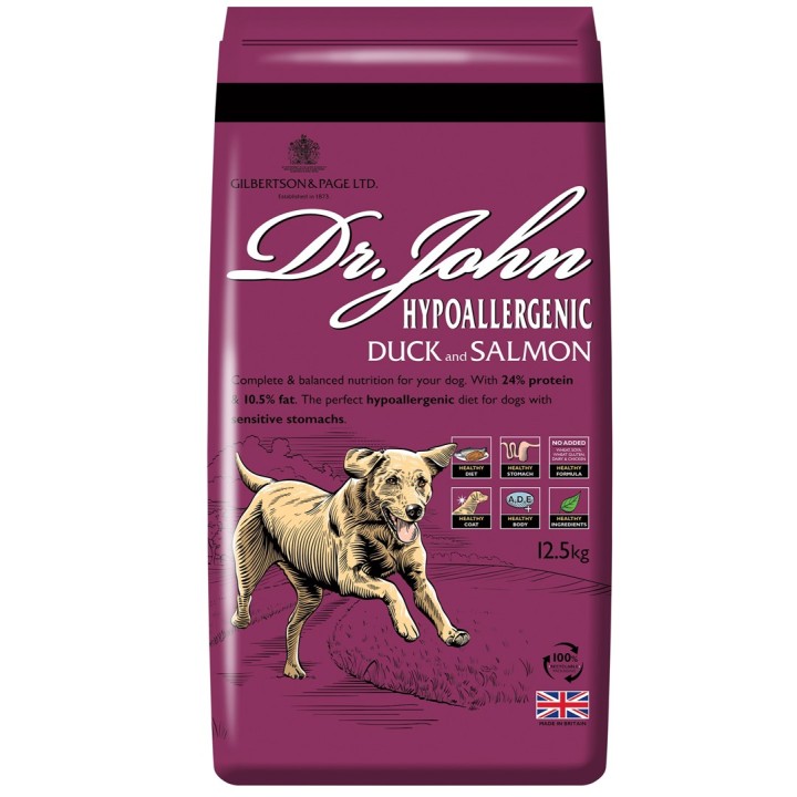 DR JOHN Hypoallergenic anatra con salmone - cibo secco per cani - 12 5kg