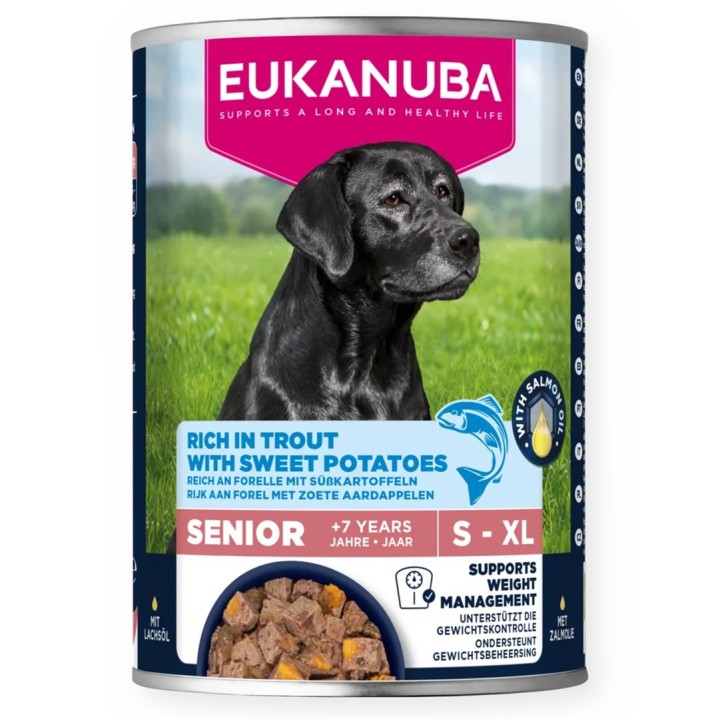 EUKANUBA Life Care Senior Ricco di trota con patate dolci - cibo umido per cani - 400g