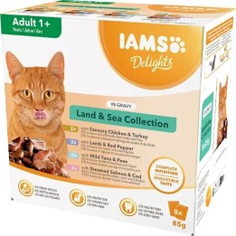 IAMS DELIGHTS Land & Sea Collection in Gravy box – cibo umido per gatti – 8x85g