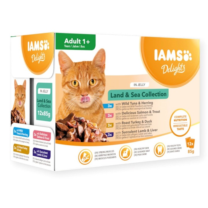 IAMS DELIGHTS Land & Sea Collection in gelatina scatoletta – cibo umido per gatti – 12x85g