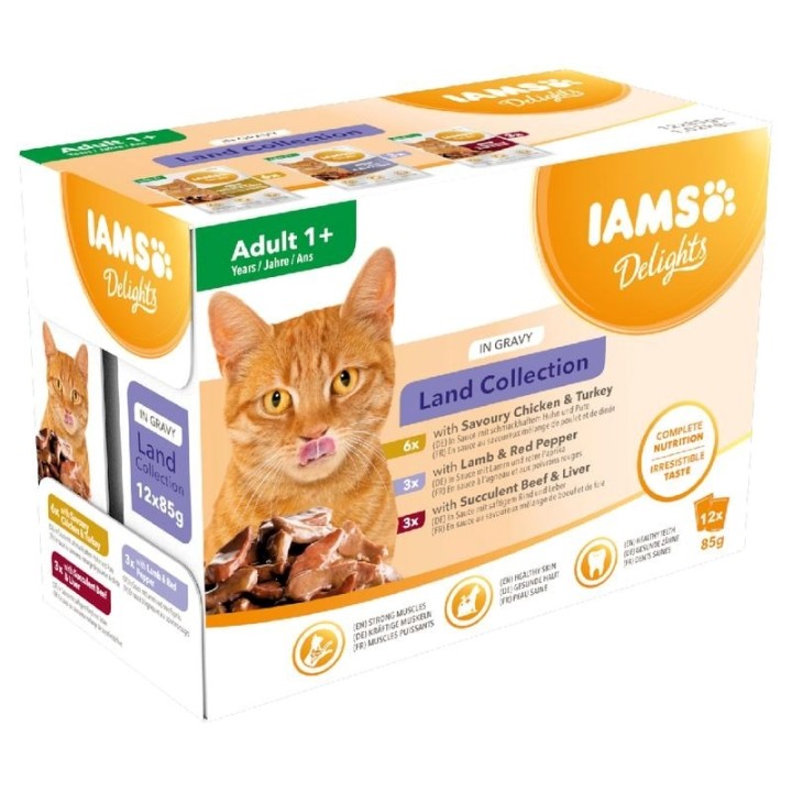 IAMS DELIGHTS Land Collection in salsa scatoletta – cibo umido per gatti – 12x85g