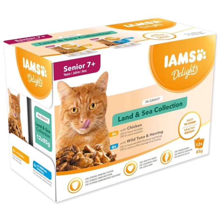 IAMS DELIGHTS Senior Land & Sea Collection in salsa scatoletta – cibo umido per gatti – 12x85g