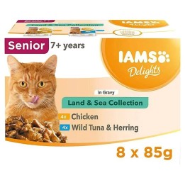 IAMS DELIGHTS Senior Land & Sea Collection in salsa scatoletta – cibo umido per gatti – 8x85g