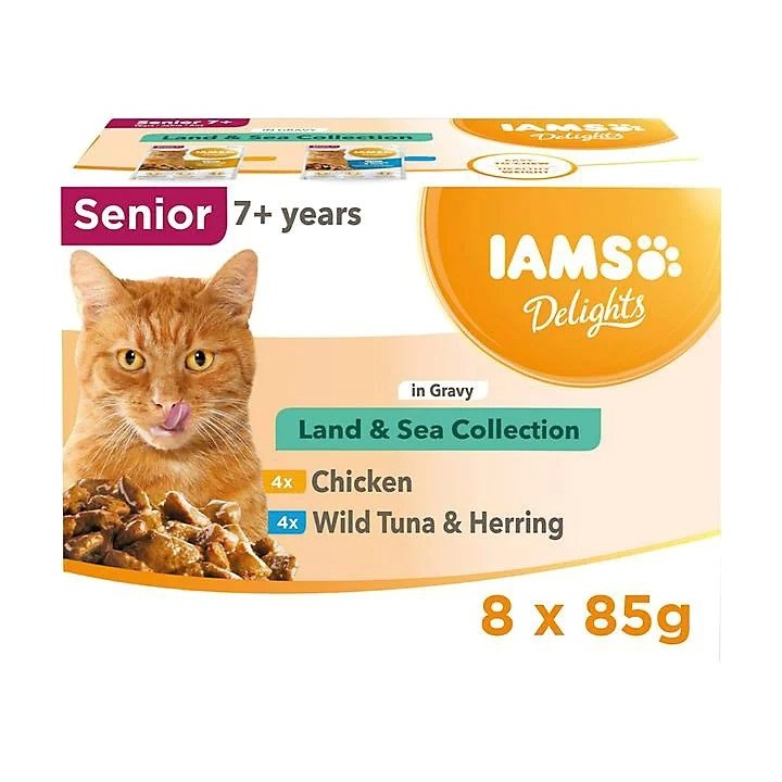 IAMS DELIGHTS Senior Land & Sea Collection in salsa scatoletta – cibo umido per gatti – 8x85g