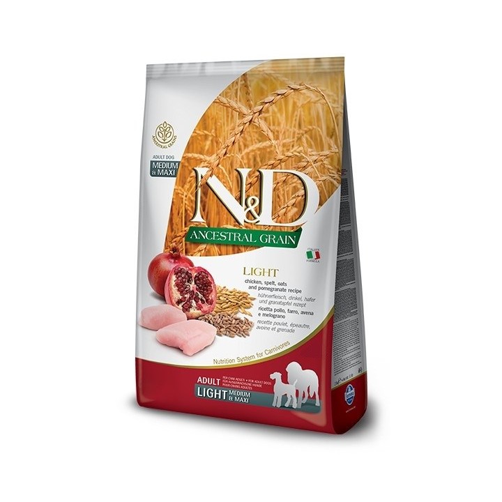 FARMINA N&D ANCESTRAL GRAIN DOG LIGHT - POLLO. SPELT.OATS E MELAGRANA ADULT MEDIUM & MAXI 12kg