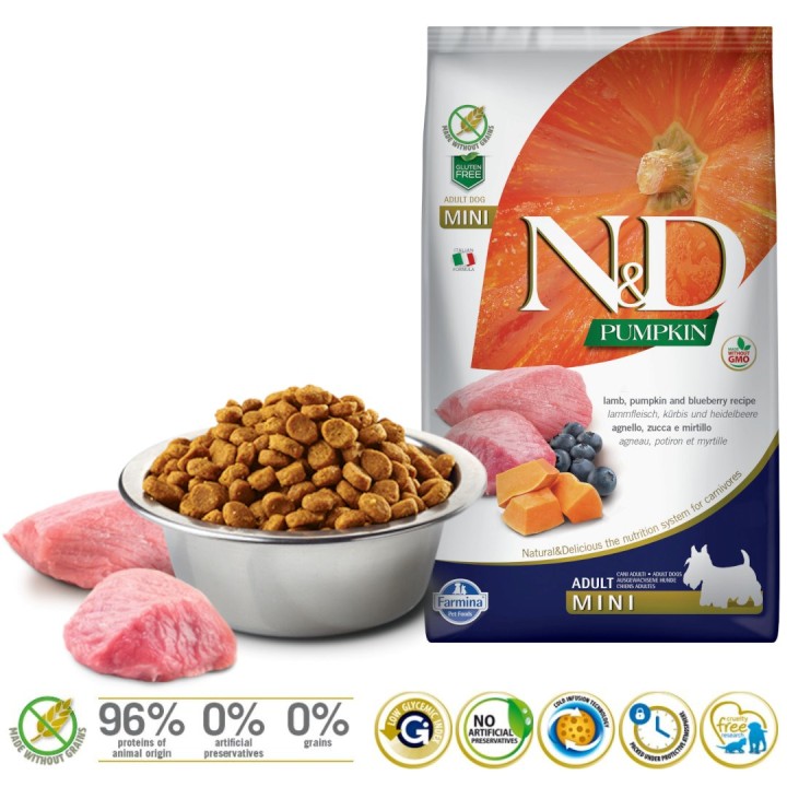 FARMINA N&D GF ZUCCA CANE AGNELLO&MIRTILLO ADULTO MINI 7kg