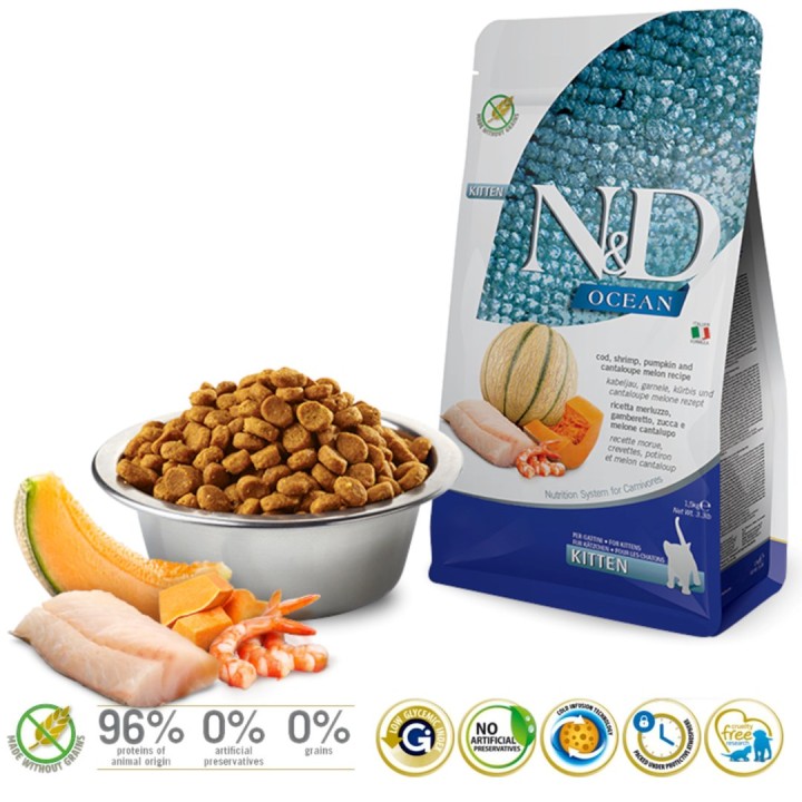 FARMINA N&D Oceano Gatto Merluzzo Gambero Zucca e Melone Cantalupo Gattino - cibo secco per gatti - 1.5 kg