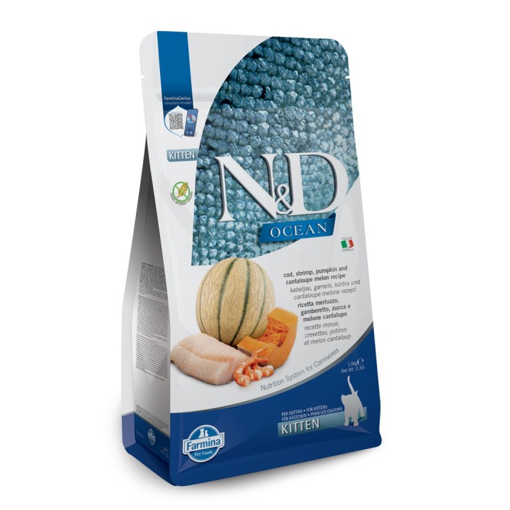 FARMINA N&D Oceano Gatto Merluzzo Gambero Zucca e Melone Cantalupo Gattino - cibo secco per gatti - 1.5 kg