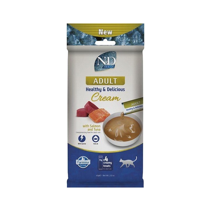 FARMINA N&D Ocean Cat Crema con salmone & tonno adult box – snack per gatti adulti – 4x15g