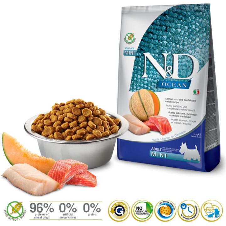 FARMINA N&D Oceano Cane Salmone Merluzzo Melone Cantalupo Adulto Mini - cibo secco per cani - 2.5 kg