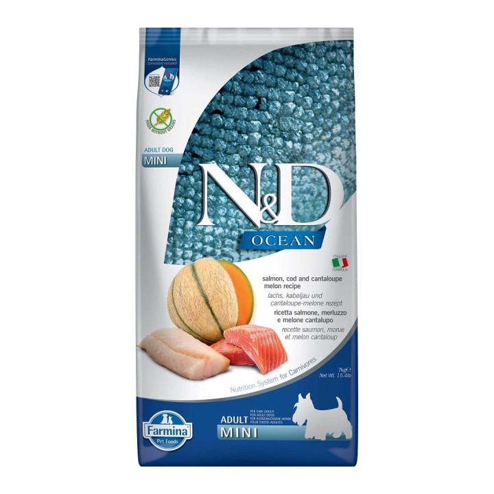 FARMINA N&D Oceano Cane Salmone Merluzzo Melone Cantalupo Adulto Mini - cibo secco per cani - 7 kg