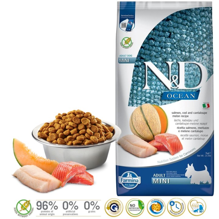 FARMINA N&D Oceano Cane Salmone Merluzzo Melone Cantalupo Adulto Mini - cibo secco per cani - 7 kg