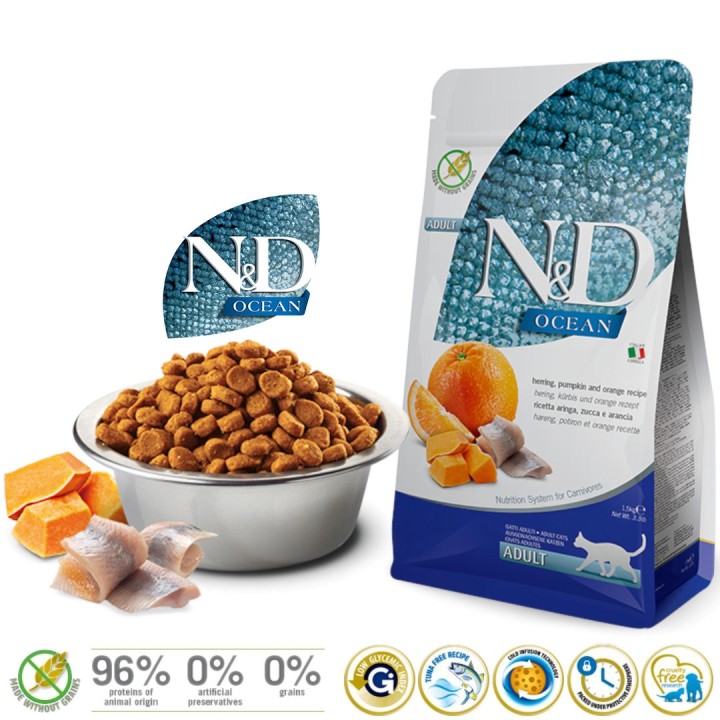FARMINA N&D Oceano Aringa Zucca&Arancia Adulto - cibo secco per gatti - 1 5 kg