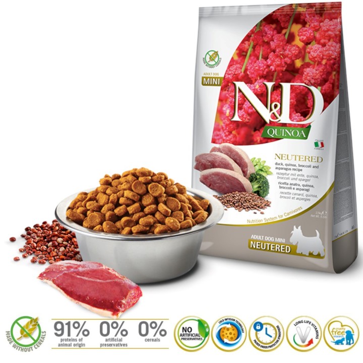 FARMINA N&D Quinoa Cane Anatra Broccoli Asparagi Sterilizzato Adulto Mini - cibo secco per cani - 2.5 kg