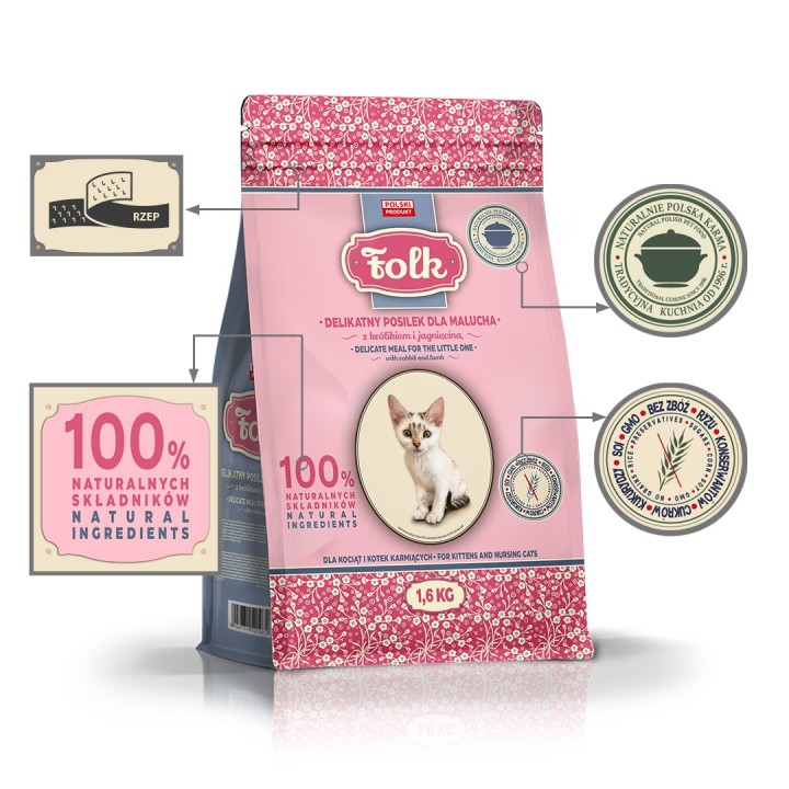 FOLK Gentle pasto per gattini con coniglio e agnello - cibo secco per gatti - 1 6kg