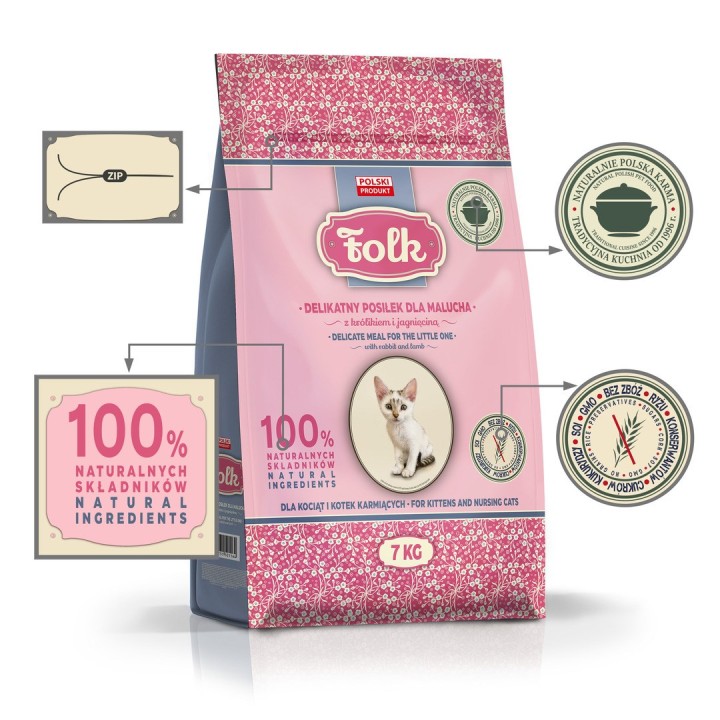 FOLK Gentle pasto per gattini con coniglio e agnello - cibo secco per gatti - 7kg