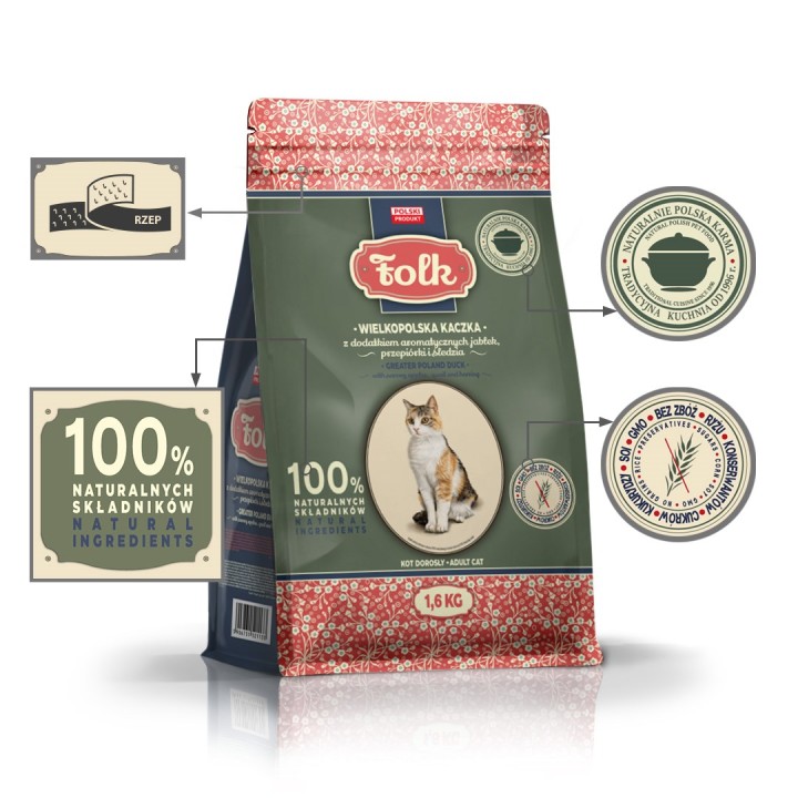FOLK Greater Poland anatra con mele quaglia e aringa - cibo secco per gatti - 1 6kg