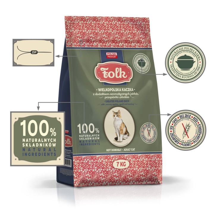 FOLK Greater Poland anatra con mele quaglia & aringa - cibo secco per gatti - 7kg
