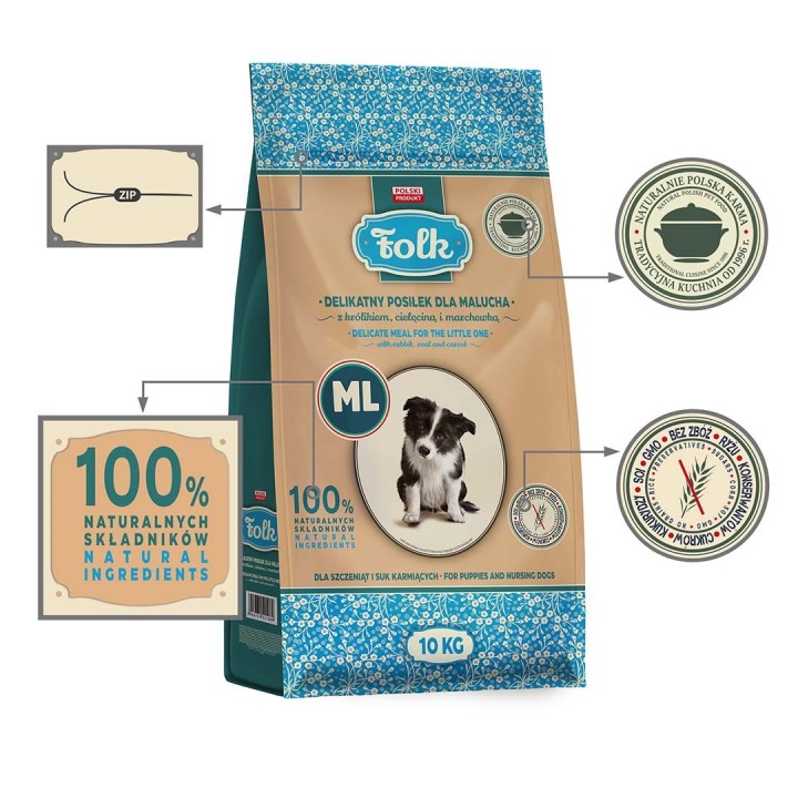 FOLK Junior Medium and large breeds Pasto delicato per cucciolo con coniglio vitello e carota - cibo secco per cani - 10kg