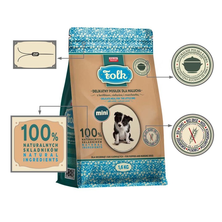 FOLK Junior Small breeds Pasto delicato per cucciolo con coniglio vitello e carota - cibo secco per cani - 1 6kg