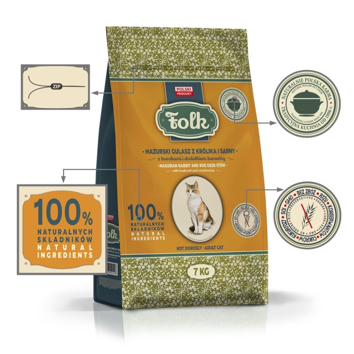 FOLK Stufato di coniglio e cervo in stile masuriano con barbabietole e mirtilli rossi - cibo secco per gatti - 7kg
