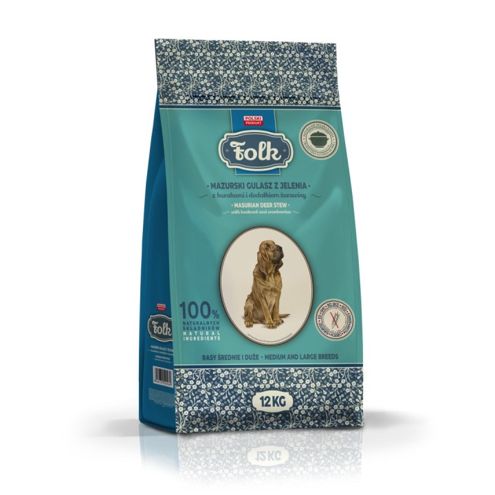 FOLK Razze medio grandi Tradizionale stufato di cervo masuriano con barbabietole e mirtilli rossi - cibo secco per cani - 12kg