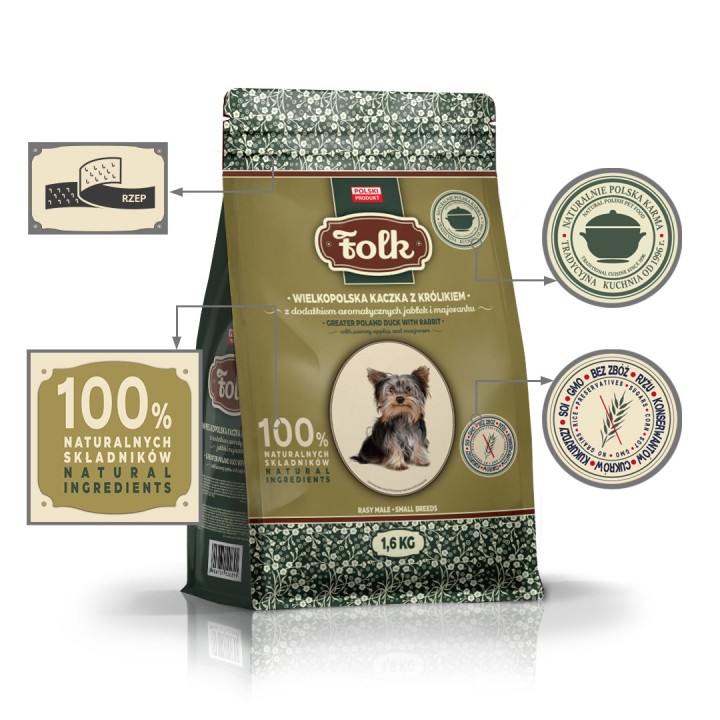FOLK Razze piccole Tradizionale anatra della Grande Polonia con coniglio mele e origano - cibo secco per cani - 1 6kg
