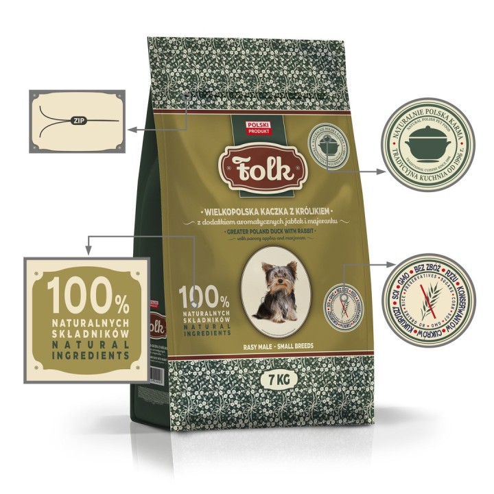 FOLK Razze piccole Tradizionale anatra della Grande Polonia con coniglio mele e origano - cibo secco per cani - 7kg