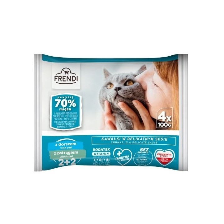 FRENDI Merluzzo e trota in salsa scatola – cibo umido per gatti – 4x100g