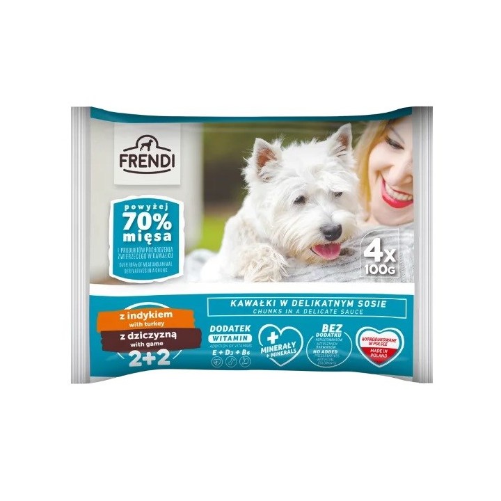 FRENDI Pezzi di tacchino e selvaggina in salsa delicata - cibo umido per cani - 4x100g