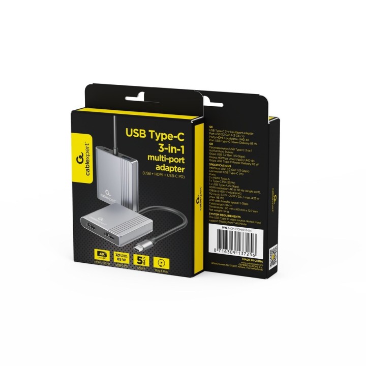 Gembird A-CM-COMBO3-04 USB Type-C adattatore multi-porta 3-in-1 (2x USB porta + 2x HDMI + PD) grigio spazio