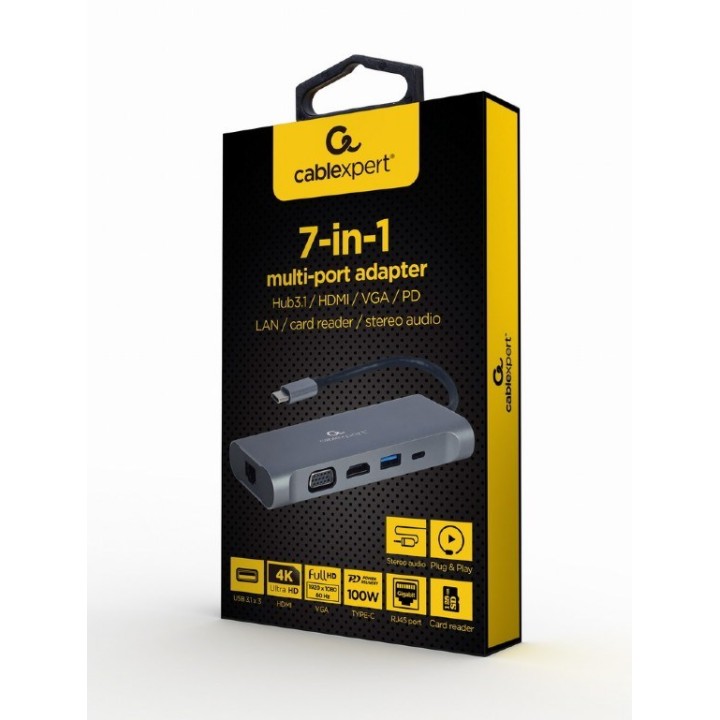 Gembird A-CM-COMBO7-01 docking station/replicatore di porte USB 3.2 Gen 1 (3.1 Gen 1) Type-A grigio