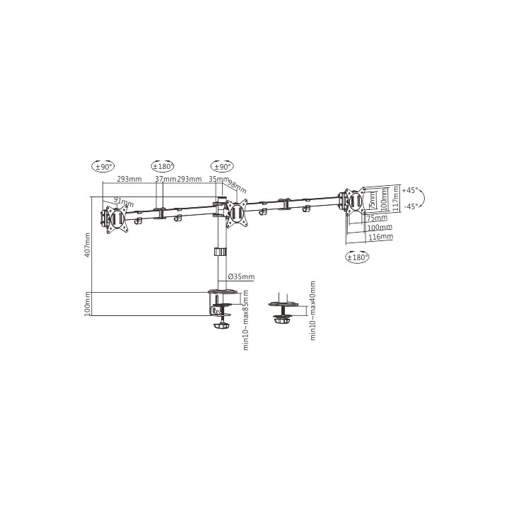 Gembird MA-D3-01 Braccio di supporto regolabile per scrivania 3-display (rotante inclinabile girevole) 17"-27" fino a 7 kg