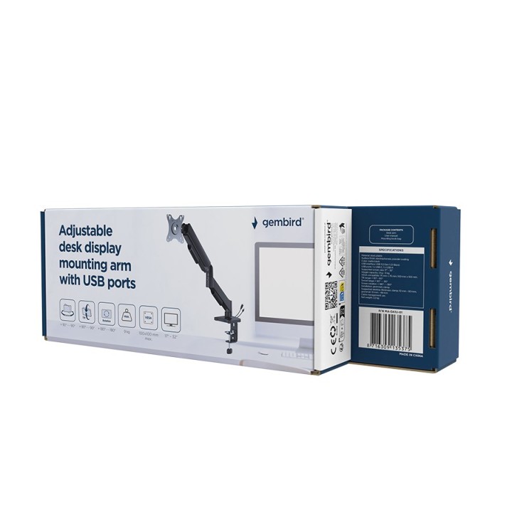 Gembird MA-DA1U-01 Braccio di supporto display regolabile per scrivania con porte USB 17"-32" nero