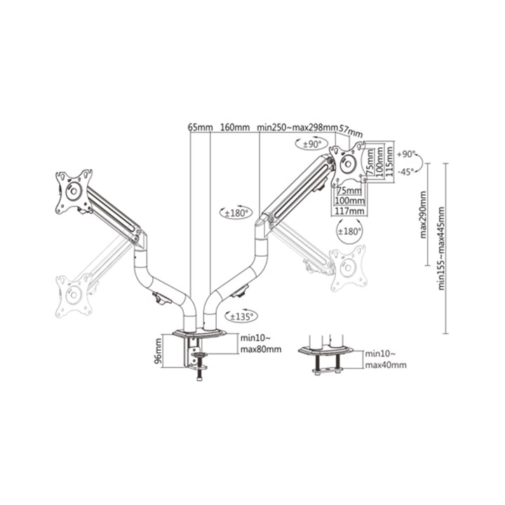 Gembird MA-DA2-02 Braccio di supporto regolabile per scrivania 2-display (inclinabile) 17"-32" fino a 8 kg