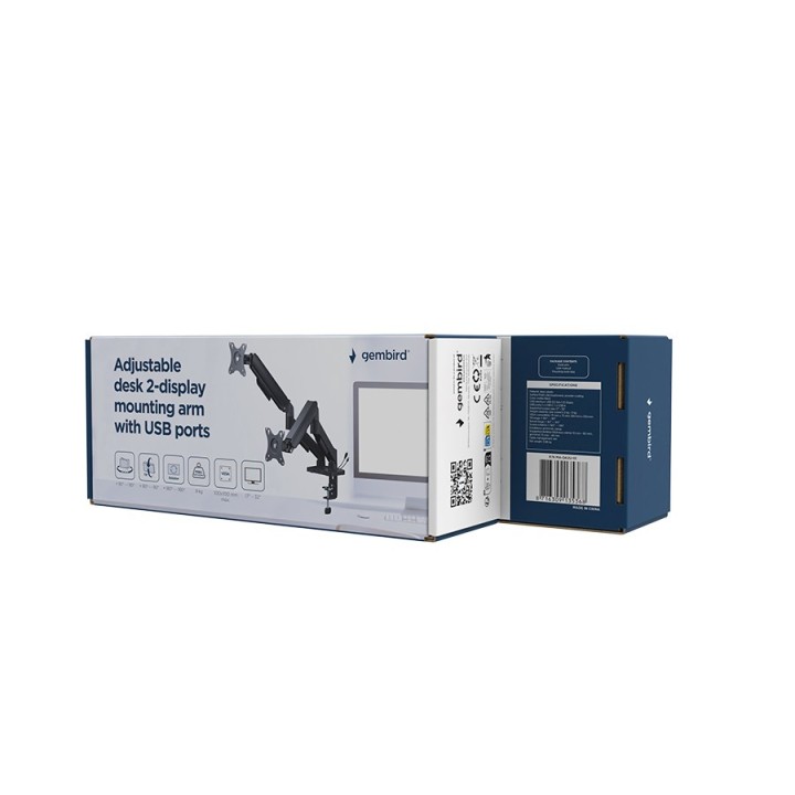 Gembird MA-DA2U-01 Braccio di montaggio regolabile da scrivania 2-display con porte USB 17"-32 nero