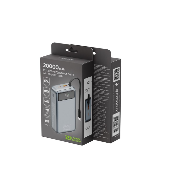 Gembird PB20-PD65-LCD-01 Power bank ricarica veloce con cavi integrati 65W 20000 mAh nero