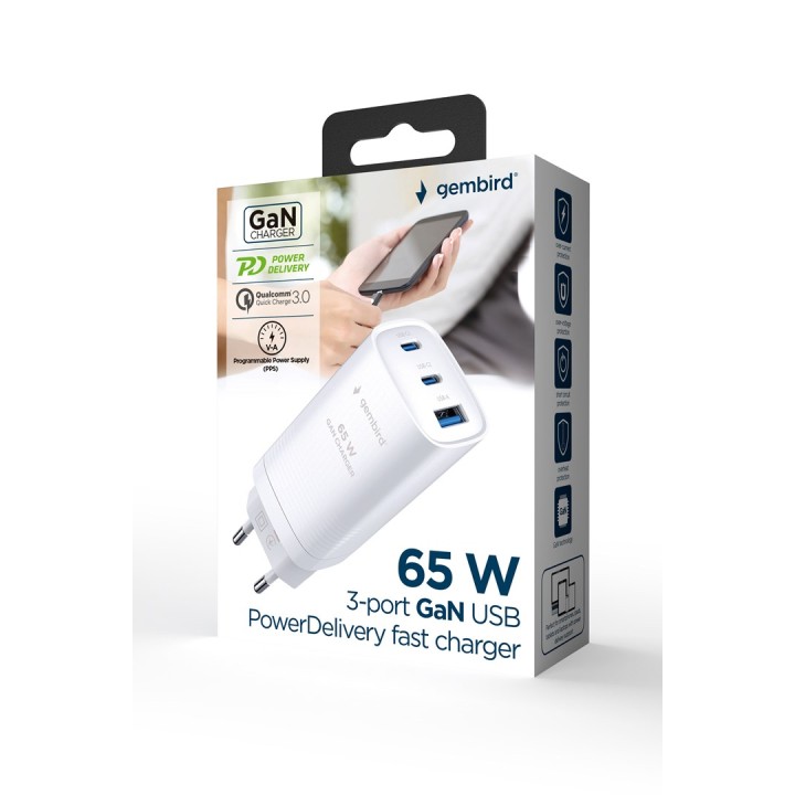 Gembird TA-UC-PDQC65-01-W caricabatterie rapido 65 W GaN USB PowerDelivery 3 porte bianco